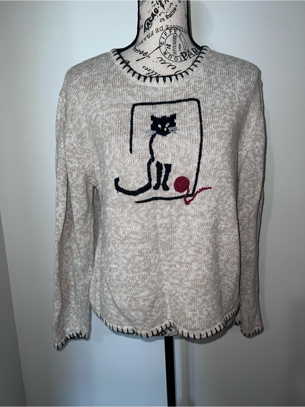VTG Christopher & Banks Hand Embroidered Black Cat Sweater Size Medium